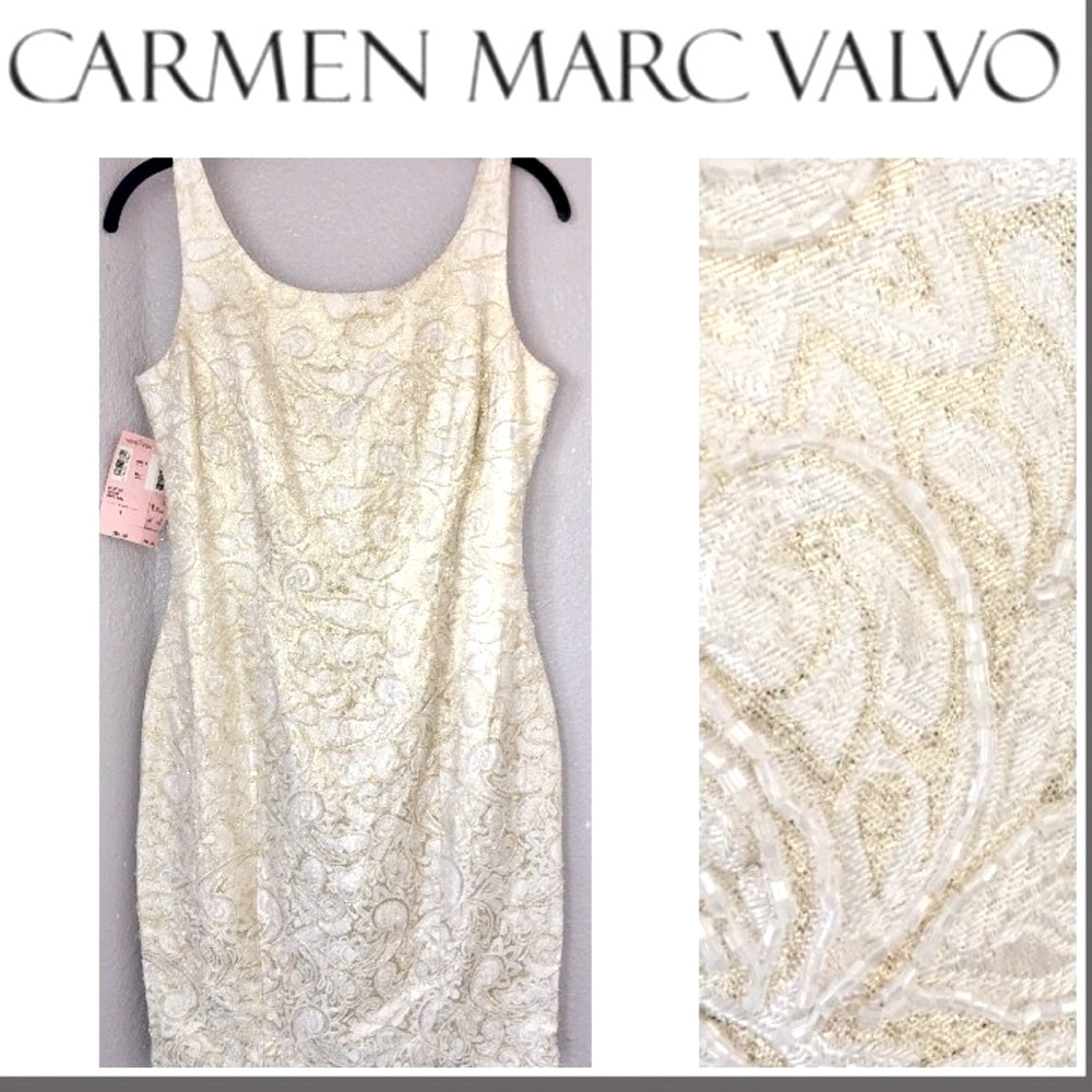 Vintage Carmen Marc Valvo 90’s Gold Metallic Embellished Jacquard Mini D…